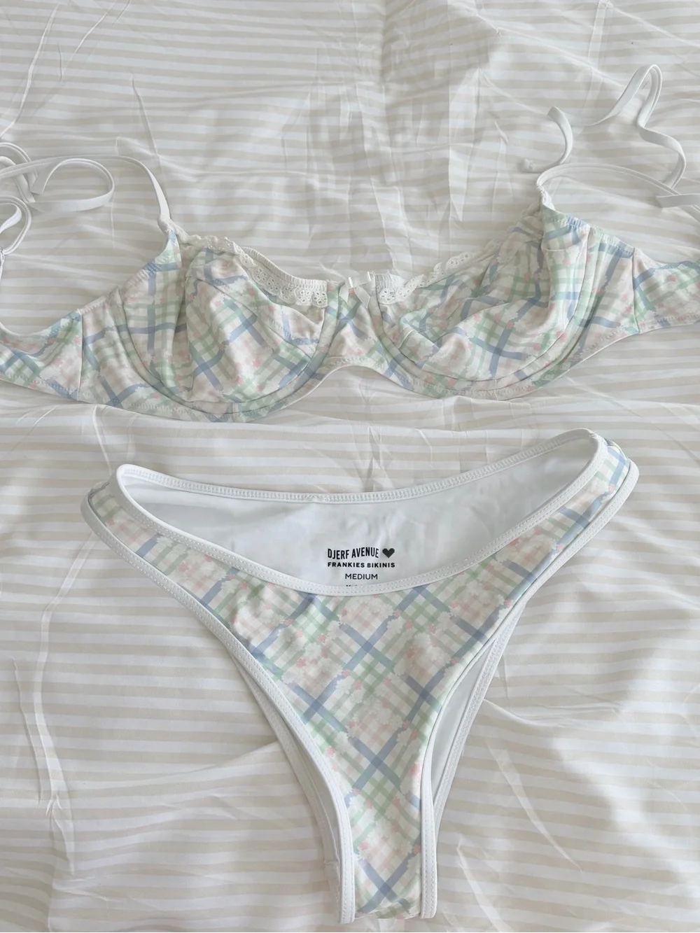 Frankie’s Bikinis x Djerf Avenue Pastel Plaid Lace trim Bikini Set